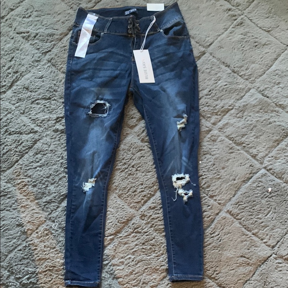 Blue Skinny Distressed Jeans with Fading